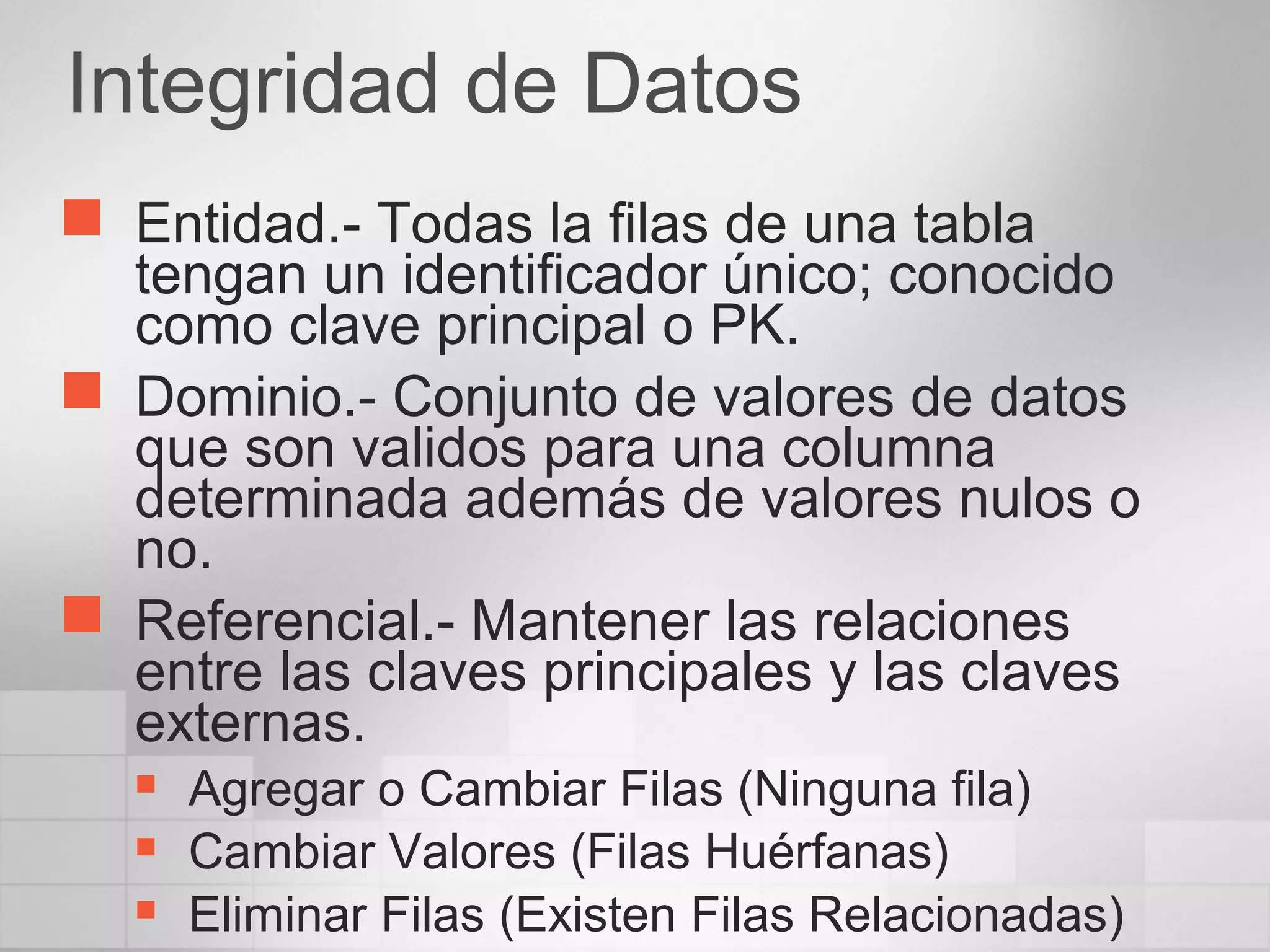 Integridad de Datos
 Entidad.- Todas la filas de una tabla
tengan un identificador único; conocido
como clave principal o PK.
 Dominio.- Conjunto de valores de datos
que son validos para una columna
determinada además de valores nulos o
no.
 Referencial.- Mantener las relaciones
entre las claves principales y las claves
externas.
 Agregar o Cambiar Filas (Ninguna fila)
 Cambiar Valores (Filas Huérfanas)
 Eliminar Filas (Existen Filas Relacionadas)
 