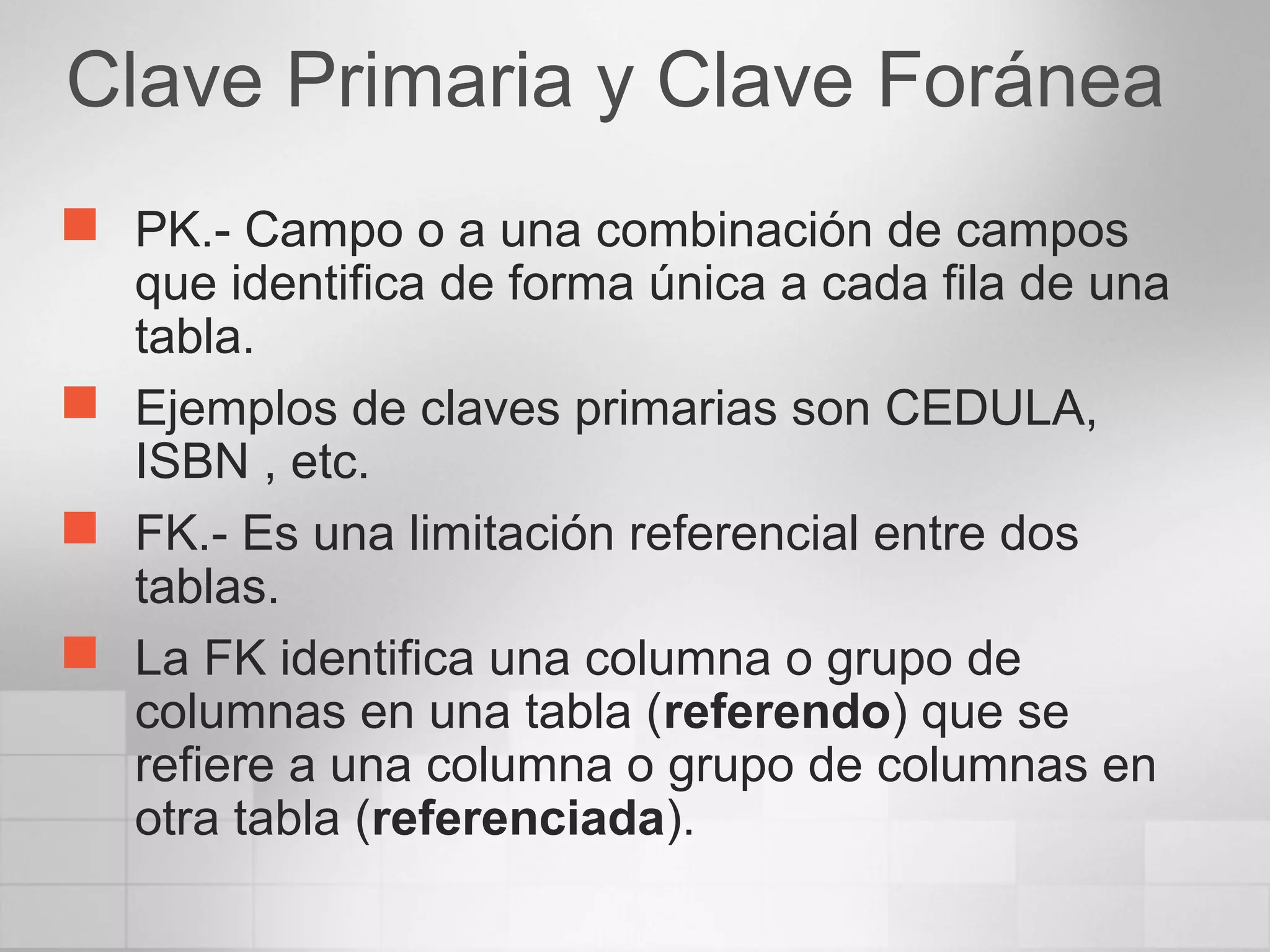 Clave Primaria y Clave Foránea
 PK.- Campo o a una combinación de campos
que identifica de forma única a cada fila de una
tabla.
 Ejemplos de claves primarias son CEDULA,
ISBN , etc.
 FK.- Es una limitación referencial entre dos
tablas.
 La FK identifica una columna o grupo de
columnas en una tabla (referendo) que se
refiere a una columna o grupo de columnas en
otra tabla (referenciada).
 