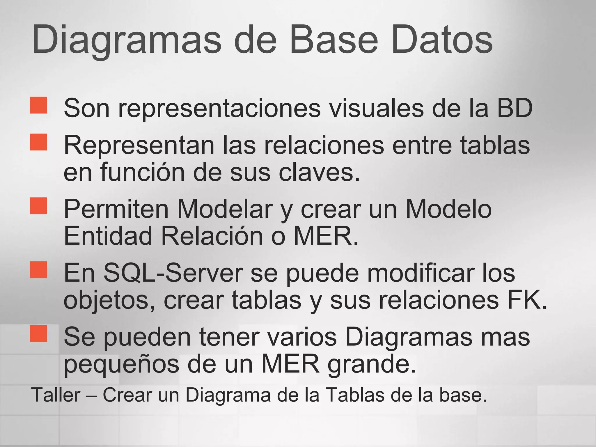 Diagramas de Base Datos
 Son representaciones visuales de la BD
 Representan las relaciones entre tablas
en función de sus claves.
 Permiten Modelar y crear un Modelo
Entidad Relación o MER.
 En SQL-Server se puede modificar los
objetos, crear tablas y sus relaciones FK.
 Se pueden tener varios Diagramas mas
pequeños de un MER grande.
Taller – Crear un Diagrama de la Tablas de la base.
 
