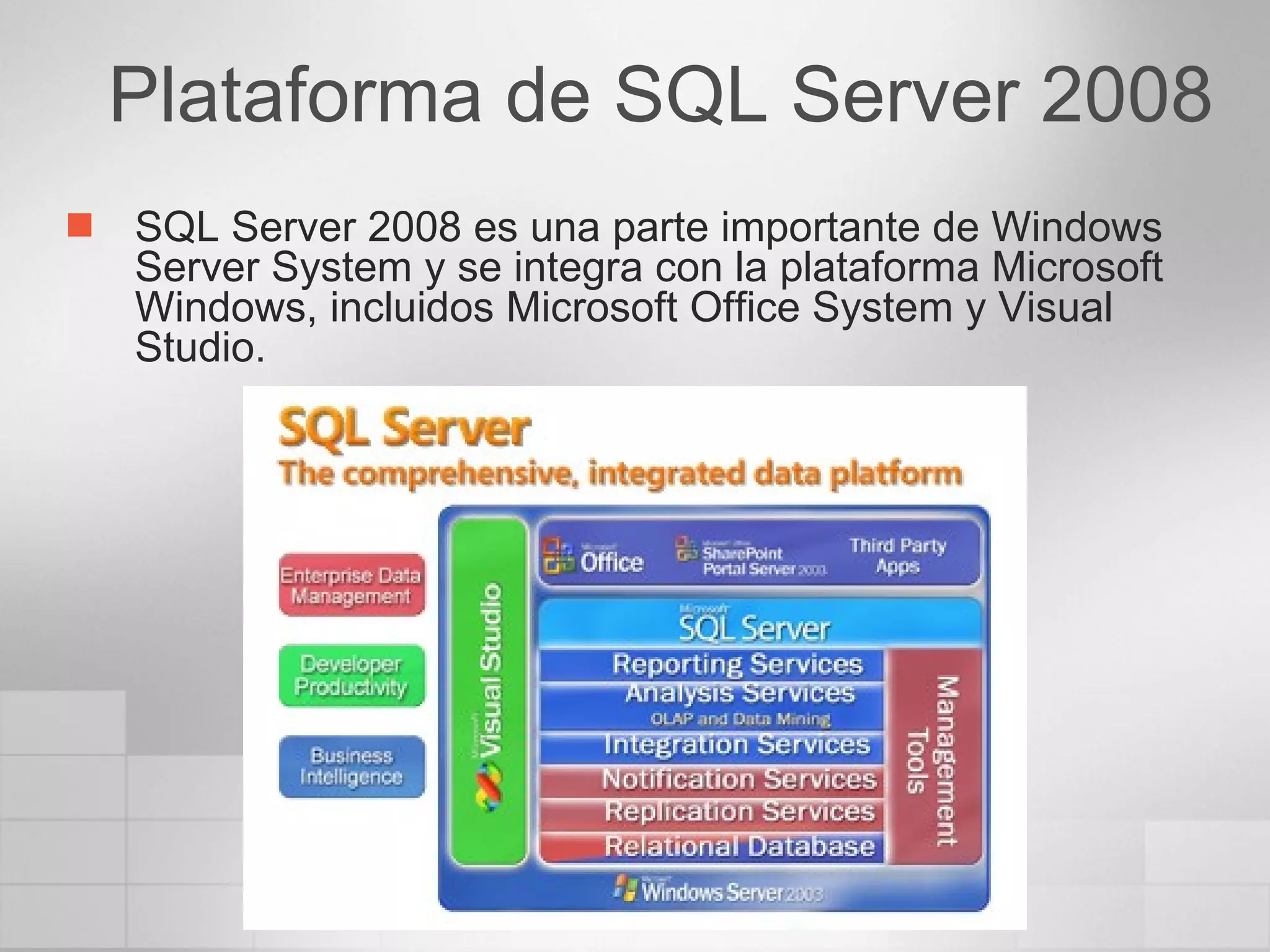 SQL Server 2008 es una parte importante de Windows Server System y se integra con la plataforma Microsoft Windows, incluidos Microsoft Office System y Visual Studio. Plataforma de SQL Server 2008 