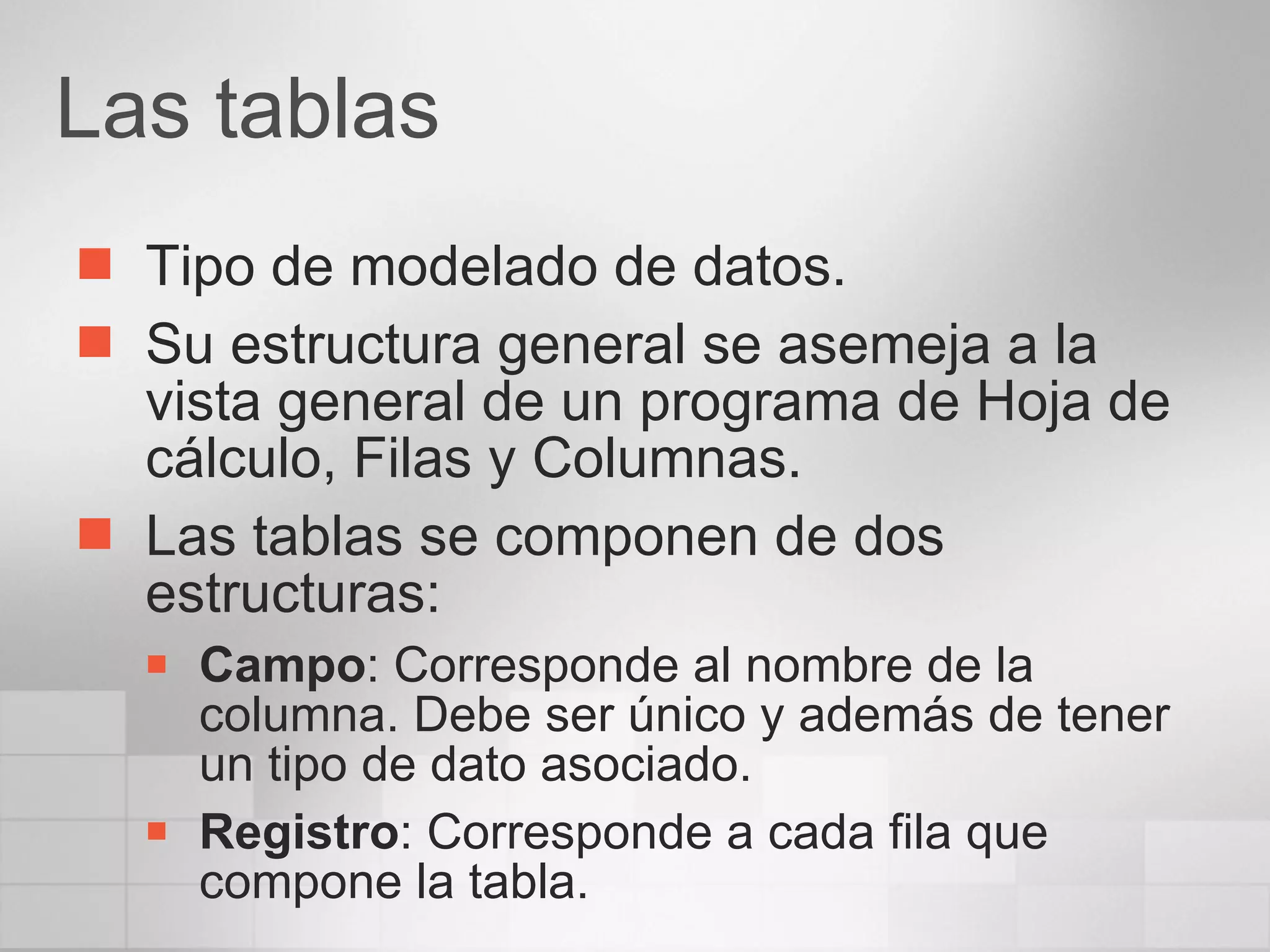 Las tablas Tipo de modelado de datos. Su estructura general se asemeja a la vista general de un programa de Hoja de cálculo, Filas y Columnas. Las tablas se componen de dos estructuras: Campo : Corresponde al nombre de la columna. Debe ser único y además de tener un tipo de dato asociado.  Registro : Corresponde a cada fila que compone la tabla. 