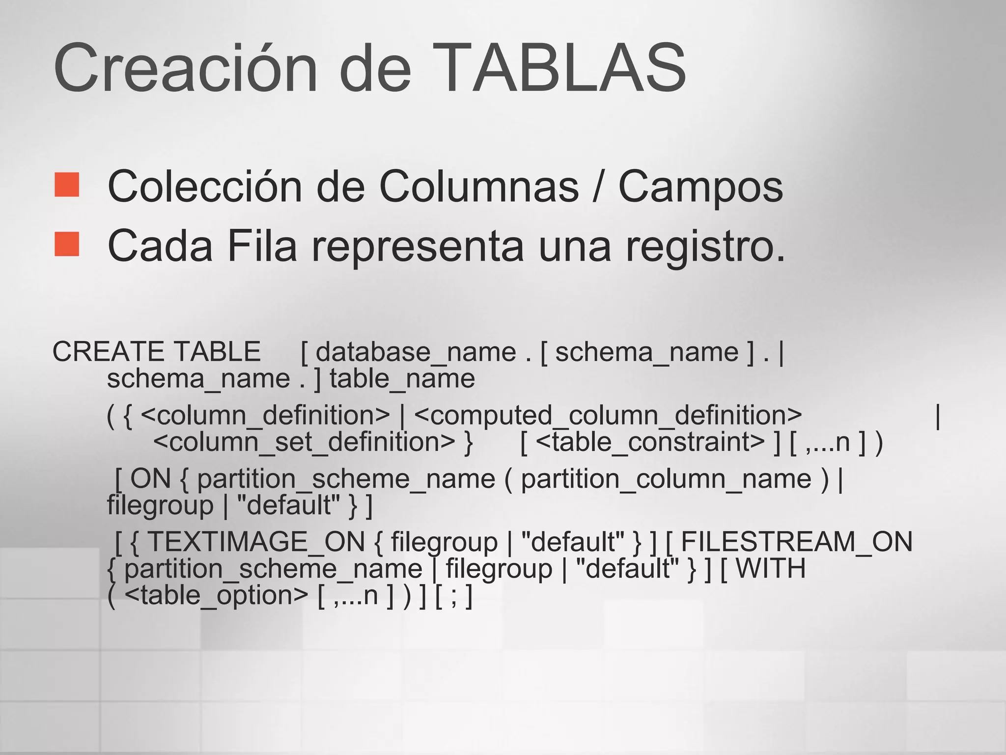Creación de TABLAS Colección de Columnas / Campos Cada Fila representa una registro. CREATE TABLE     [ database_name . [ schema_name ] . | schema_name . ] table_name         ( { <column_definition> | <computed_column_definition>                 |  <column_set_definition> }      [ <table_constraint> ] [ ,...n ] )   [ ON { partition_scheme_name ( partition_column_name ) | filegroup | "default" } ]   [ { TEXTIMAGE_ON { filegroup | "default" } ] [ FILESTREAM_ON { partition_scheme_name | filegroup | "default" } ] [ WITH ( <table_option> [ ,...n ] ) ] [ ; ]  