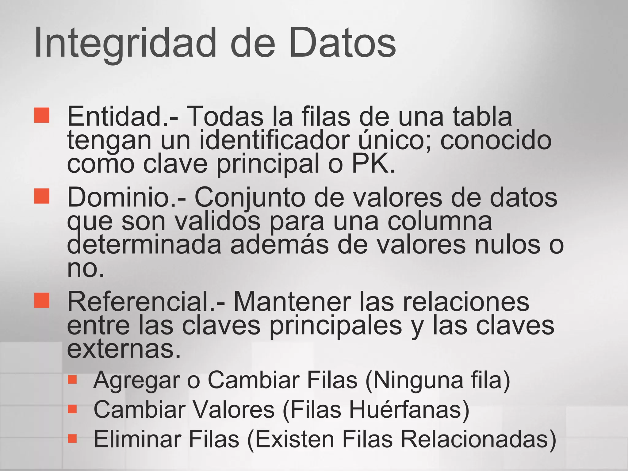 Integridad de Datos Entidad.- Todas la filas de una tabla tengan un identificador único; conocido como clave principal o PK. Dominio.- Conjunto de valores de datos que son validos para una columna determinada además de valores nulos o no. Referencial.- Mantener las relaciones entre las claves principales y las claves externas. Agregar o Cambiar Filas (Ninguna fila) Cambiar Valores (Filas Huérfanas) Eliminar Filas (Existen Filas Relacionadas) 