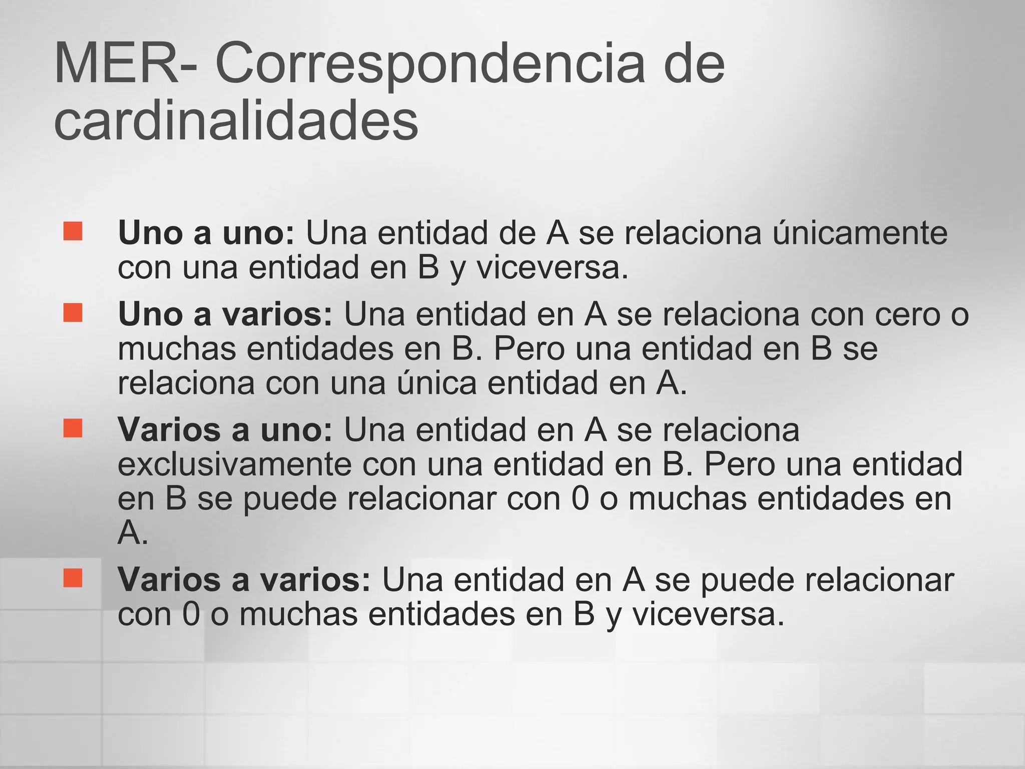 MER- Correspondencia de cardinalidades Uno a uno:  Una entidad de A se relaciona únicamente con una entidad en B y viceversa.  Uno a varios:  Una entidad en A se relaciona con cero o muchas entidades en B. Pero una entidad en B se relaciona con una única entidad en A.  Varios a uno:  Una entidad en A se relaciona exclusivamente con una entidad en B. Pero una entidad en B se puede relacionar con 0 o muchas entidades en A.  Varios a varios:  Una entidad en A se puede relacionar con 0 o muchas entidades en B y viceversa. 