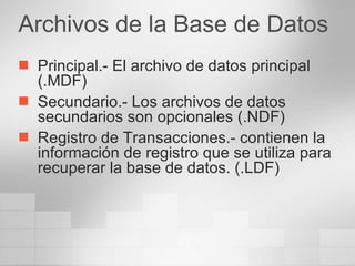Archivos de la Base de Datos Principal.- El archivo de datos principal (.MDF) Secundario.- Los archivos de datos secundarios son opcionales (.NDF) Registro de Transacciones.- contienen la información de registro que se utiliza para recuperar la base de datos. (.LDF) 