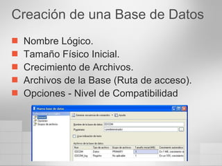 Creación de una Base de Datos Nombre Lógico. Tamaño Físico Inicial. Crecimiento de Archivos. Archivos de la Base (Ruta de acceso). Opciones - Nivel de Compatibilidad 