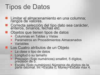 Tipos de Datos Limitar el almacenamiento en una columna; rangos de valores. Correcta selección del tipo dato sea carácter, enteros, binarios, fechas etc. Objetos que tienen tipos de datos Columnas en Tablas y Vistas Parámetros en Procedimientos Almacenados Variables Los Cuatro atributos de un Objeto La clase o tipo de datos Longitud o su tamaño Precisión (Solo numéricos) smallint, 5 dígitos, precisión de 5. Escala (Solo numéricos) Números de dígitos de la parte decimal. Int =Escala 0; Money=Escala max 4. 