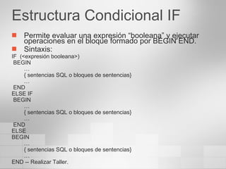 Estructura Condicional IF Permite evaluar una expresión “booleana” y ejecutar operaciones en el bloque formado por BEGIN END. Sintaxis: IF  (<expresión booleana>)  BEGIN … { sentencias SQL o bloques de sentencias} … END ELSE IF BEGIN … { sentencias SQL o bloques de sentencias} … END ELSE BEGIN … { sentencias SQL o bloques de sentencias} … END -- Realizar Taller. 