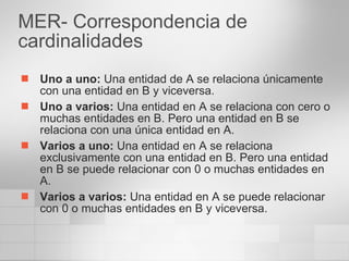 MER- Correspondencia de cardinalidades Uno a uno:  Una entidad de A se relaciona únicamente con una entidad en B y viceversa.  Uno a varios:  Una entidad en A se relaciona con cero o muchas entidades en B. Pero una entidad en B se relaciona con una única entidad en A.  Varios a uno:  Una entidad en A se relaciona exclusivamente con una entidad en B. Pero una entidad en B se puede relacionar con 0 o muchas entidades en A.  Varios a varios:  Una entidad en A se puede relacionar con 0 o muchas entidades en B y viceversa. 