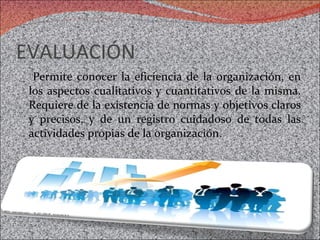 EVALUACIÓN  Permite conocer la eficiencia de la organización, en los aspectos cualitativos y cuantitativos de la misma. Requiere de la existencia de normas y objetivos claros y precisos, y de un registro cuidadoso de todas las actividades propias de la organización.  