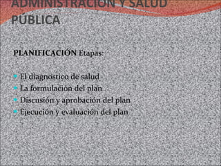 ADMINISTRACIÓN Y SALUD PÚBLICA PLANIFICACIÓN  Etapas: El diagnostico de salud La formulación del plan Discusión y aprobación del plan Ejecución y evaluación del plan 