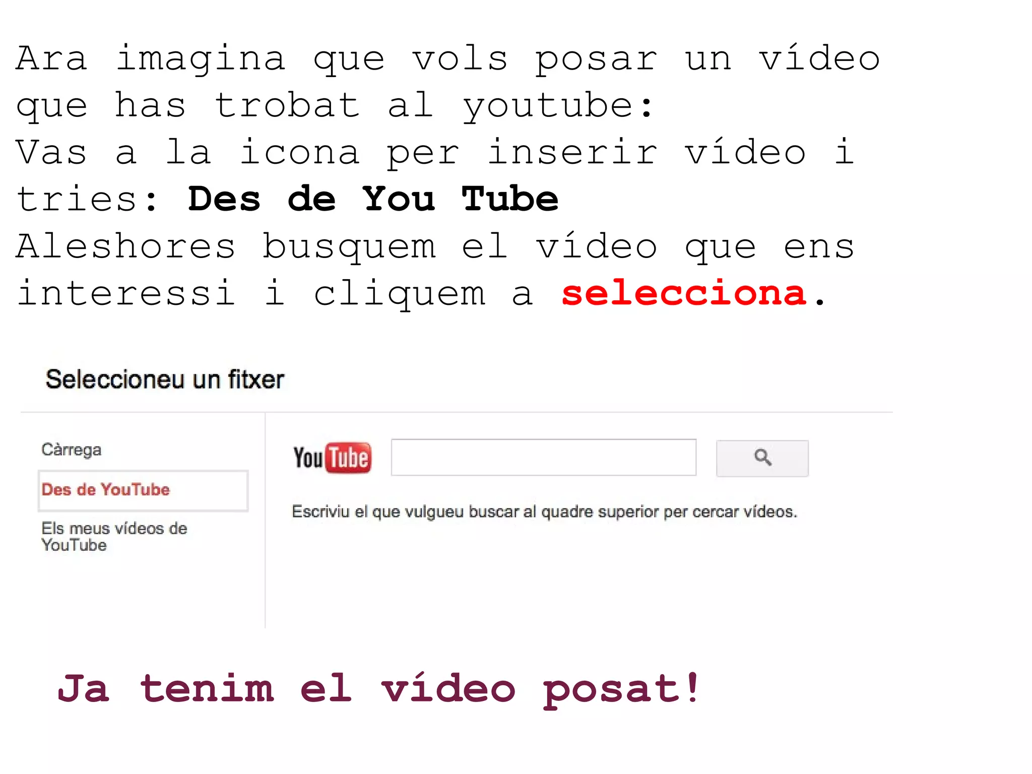 Ara imagina que vols posar un vídeo que has trobat al youtube:  Vas a la icona per inserir vídeo i tries:  Des de You Tube Aleshores busquem el vídeo que ens interessi i cliquem a  selecciona .   Ja tenim el vídeo posat! 