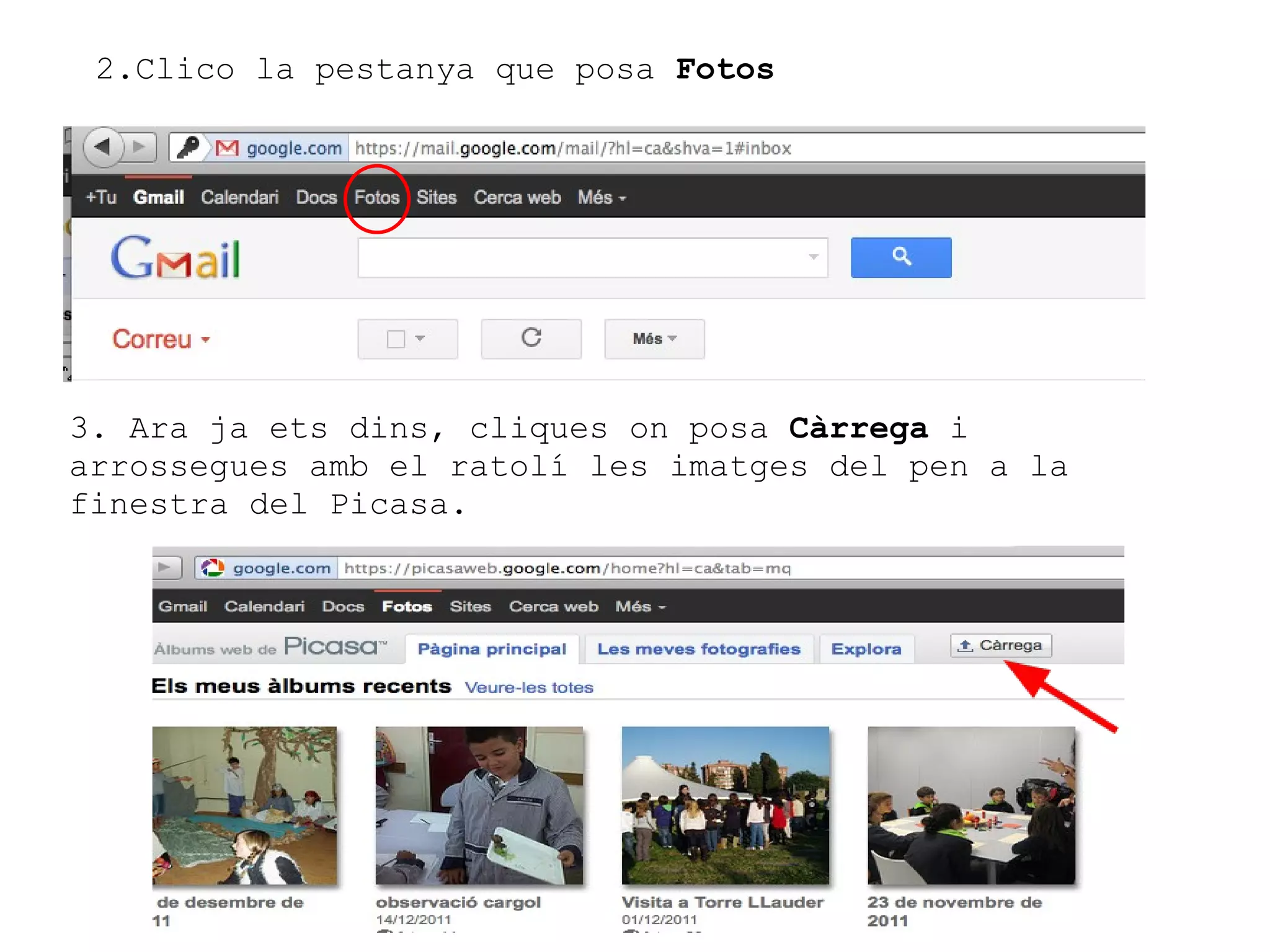 2.Clico la pestanya que posa  Fotos 3. Ara ja ets dins, cliques on posa  Càrrega  i arrossegues amb el ratolí les imatges del pen a la finestra del Picasa. 
