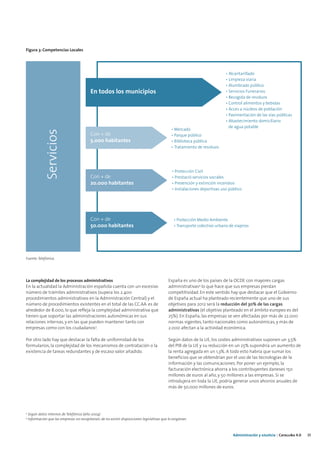 Figura 3: Competencias Locales




                                                                                                                               • Alcantarillado
                                                                                                                               • Limpieza viaria
                                                                                                                               • Alumbrado público
                                             En todos los municipios                                                           • Servicios Funerarios
                                                                                                                               • Recogida de residuos
                                                                                                                               • Control alimentos y bebidas
                                                                                                                               • Acces a núcleos de población
                                                                                                                               • Pavimentación de las vías públicas
                                                                                                                               • Abastecimiento domiciliario
                                                                                                                                 de agua potable
                                                                                                 • Mercado
                Servicios




                                             Con + de                                            • Parque público
                                             5.000 habitantes                                    • Biblioteca pública
                                                                                                 • Tratamiento de residuos




                                                                                                  • Protección Civil
                                             Con + de                                             • Prestació servicios sociales
                                             20.000 habitantes                                    • Prevención y extinción incendios
                                                                                                  • Instalaciones deportivas uso público




                                             Con + de                                              • Protección Medio Ambiente
                                             50.000 habitantes                                     • Transporte colectivo urbano de viajeros




Fuente: Telefónica.




La complejidad de los procesos administrativos                                                 España es uno de los países de la OCDE con mayores cargas
En la actualidad la Administración española cuenta con un excesivo                             administrativas4 lo que hace que sus empresas pierdan
número de trámites administrativos (supera los 2.400                                           competitividad. En este sentido hay que destacar que el Gobierno
procedimientos administrativos en la Administración Central) y el                              de España actual ha planteado recientemente que uno de sus
número de procedimientos existentes en el total de las CC.AA. es de                            objetivos para 2012 será la reducción del 30% de las cargas
alrededor de 8.000, lo que refleja la complejidad administrativa que                           administrativas (el objetivo planteado en el ámbito europeo es del
tienen que soportar las administraciones autonómicas en sus                                    25%). En España, las empresas se ven afectadas por más de 22.000
relaciones internas, y en las que pueden mantener tanto con                                    normas vigentes, tanto nacionales como autonómicas, y más de
empresas como con los ciudadanos3.                                                             2.000 afectan a la actividad económica.

Por otro lado hay que destacar la falta de uniformidad de los                                  Según datos de la UE, los costes administrativos suponen un 3,5%
formularios, la complejidad de los mecanismos de contratación o la                             del PIB de la UE y su reducción en un 25% supondría un aumento de
existencia de tareas redundantes y de escaso valor añadido.                                    la renta agregada en un 1,3%. A todo esto habría que sumar los
                                                                                               beneficios que se obtendrían por el uso de las tecnologías de la
                                                                                               información y las comunicaciones. Por poner un ejemplo, la
                                                                                               facturación electrónica ahorra a los contribuyentes daneses 150
                                                                                               millones de euros al año, y 50 millones a las empresas. Si se
                                                                                               introdujera en toda la UE, podría generar unos ahorros anuales de
                                                                                               más de 50.000 millones de euros.




3
    Según datos internos de Telefónica (año 2004)
4
    Información que las empresas no recopilarían, de no existir disposiciones legislativas que lo exigieran.



                                                                                                                                   Administración y eJusticia | Cataluña 4.0   35
 
