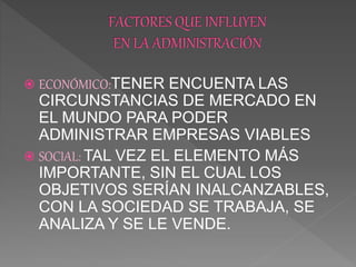  ECONÓMICO:TENER ENCUENTA LAS
CIRCUNSTANCIAS DE MERCADO EN
EL MUNDO PARA PODER
ADMINISTRAR EMPRESAS VIABLES
 SOCIAL: TAL VEZ EL ELEMENTO MÁS
IMPORTANTE, SIN EL CUAL LOS
OBJETIVOS SERÍAN INALCANZABLES,
CON LA SOCIEDAD SE TRABAJA, SE
ANALIZA Y SE LE VENDE.
 