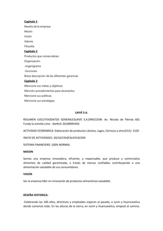 Capitulo 1
Reseña de la empresa
Misión
Visión
Valores
Filosofía
Capitulo 2
Productos que comercializan
Organización
-organigrama
-funciones
Breve descripción de las diferentes gerencias
Capitulo 3
Mencione sus metas y objetivos
Mención procedimientos para alcanzarlos
Mencione sus políticas
Mencione sus estrategias



                                          LAIVE S.A.

RESUMEN EJECUTIVODATOS GENERALESLAIVE S.A.DIRECCION: Av. Nicolás de Piérola 601
Fundo la estrella Lima - AteRUC 20100095450

ACTIVIDAD ECONOMICA: Elaboración de productos Lácteos, Jugos, Cárnicos y otrosCIUU: 1520

INICIO DE ACTIVIDADES: 20/10/1910CALIFICACION

SISTEMA FINANCIERO: 100% NORMAL

MISION

Somos una empresa innovadora, eficiente, y responsable, que produce y comercializa
alimentos de calidad garantizada, a través de marcas confiables contribuyendo a una
alimentación saludable de sus consumidores.

VISION

Ser la empresa líder en innovación de productos alimenticios saludable.



RESEÑA HISTORICA:

Celebrando los 100 años, directivos y empleados viajaron al pasado, a Junín y Huancavelica
donde comenzó todo. En las alturas de la sierra, en Junín y Huancavelica, empezó el camino,
 