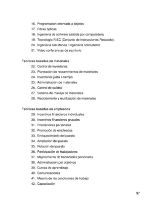16. Programación orientada a objetos
     17. Fibras ópticas
     18. Ingeniería de software asistida por computadora
     19. Tecnología RISC (Conjunto de Instrucciones Reducido).
     20. Ingeniería simultánea / ingeniería concurrente
     21. Video conferencias de escritorio


Técnicas basadas en materiales
     22. Control de inventarios
     23. Planeación de requerimientos de materiales
     24. Inventarios justo a tiempo
     25. Administración de materiales
     26. Control de calidad
     27. Sistema de manejo de materiales
     28. Reciclamiento y reutilización de materiales


Técnicas basadas en empleados
     29. Incentivos financieros individuales
     30. Incentivos financieros grupales
     31. Prestaciones personales
     32. Promoción de empleados
     33. Enriquecimiento del puesto
     34. Ampliación del puesto
     35. Rotación del puesto
     36. Participación de trabajadores
     37. Mejoramiento de habilidades personales
     38. Administración por objetivos
     39. Curvas de aprendizaje
     40. Comunicaciones
     41. Mejoría de las condiciones de trabajo
     42. Capacitación


                                                                 97
 