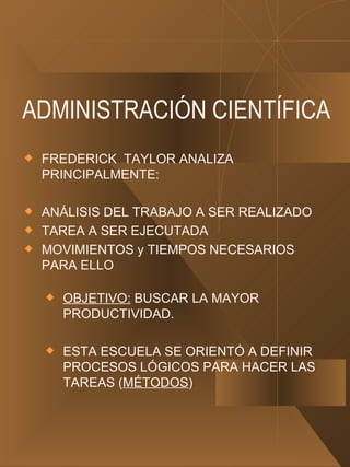 ADMINISTRACIÓN CIENTÍFICA FREDERICK  TAYLOR ANALIZA PRINCIPALMENTE: ANÁLISIS DEL TRABAJO A SER REALIZADO TAREA A SER EJECUTADA MOVIMIENTOS y TIEMPOS NECESARIOS PARA ELLO OBJETIVO:  BUSCAR LA MAYOR PRODUCTIVIDAD. ESTA ESCUELA SE ORIENTÓ A DEFINIR PROCESOS LÓGICOS PARA HACER LAS TAREAS ( MÉTODOS ) 