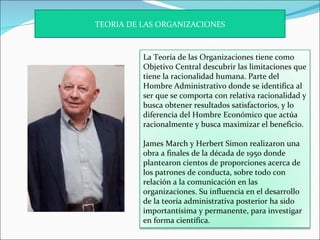 TEORIA DE LAS ORGANIZACIONES



          La Teoría de las Organizaciones tiene como
          Objetivo Central descubrir las limitaciones que
          tiene la racionalidad humana. Parte del
          Hombre Administrativo donde se identifica al
          ser que se comporta con relativa racionalidad y
          busca obtener resultados satisfactorios, y lo
          diferencia del Hombre Económico que actúa
          racionalmente y busca maximizar el beneficio.

          James March y Herbert Simon realizaron una
          obra a finales de la década de 1950 donde
          plantearon cientos de proporciones acerca de
          los patrones de conducta, sobre todo con
          relación a la comunicación en las
          organizaciones. Su influencia en el desarrollo
          de la teoría administrativa posterior ha sido
          importantísima y permanente, para investigar
          en forma científica.
 