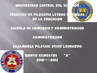 UNIVERSIDAD CENTRAL DEL ECUADOR

FACULTAD DE FILOSOFIA LETRAS Y CIENCIAS
           DE LA EDUCACION

ESCUELA DE COMERCIO Y ADMINISTRACION

           ADMINISTRACION

 CAJAMARCA PILATAXI DEVID LEONARDO

       QUINTO SEMESTRE      “A”
             2012----2013
 