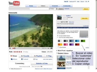 Buscar el video En “customize” Seleccionar color del reproductor 3. Copiar código 