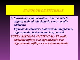 ENFOQUE DE SISTEMAS 5. Subsistema administrativo: Abarca toda la organización al relacionarla con su medio ambiente. Fijación de objetivos, planeación, integración, organización, instrumentación, control. SUPRA SISTEMA AMBIENTAL: El medio ambiente influye a la organización y la organización influye en el medio ambiente                             