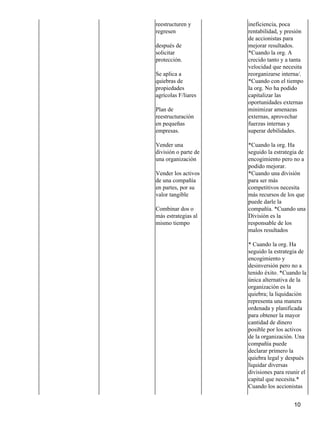 reestructuren y       ineficiencia, poca
regresen              rentabilidad, y presión
                      de accionistas para
después de            mejorar resultados.
solicitar             *Cuando la org. A
protección.           crecido tanto y a tanta
                      velocidad que necesita
Se aplica a           reorganizarse interna/.
quiebras de           *Cuando con el tiempo
propiedades           la org. No ha podido
agrícolas F/liares    capitalizar las
                      oportunidades externas
Plan de               minimizar amenazas
reestructuración      externas, aprovechar
en pequeñas           fuerzas internas y
empresas.             superar debilidades.

Vender una            *Cuando la org. Ha
división o parte de   seguido la estrategia de
una organización      encogimiento pero no a
                      podido mejorar.
Vender los activos    *Cuando una división
de una compañía       para ser más
en partes, por su     competitivos necesita
valor tangible        más recursos de los que
                      puede darle la
Combinar dos o        compañía. *Cuando una
más estrategias al    División es la
mismo tiempo          responsable de los
                      malos resultados

                      * Cuando la org. Ha
                      seguido la estrategia de
                      encogimiento y
                      desinversión pero no a
                      tenido éxito. *Cuando la
                      única alternativa de la
                      organización es la
                      quiebra; la liquidación
                      representa una manera
                      ordenada y planificada
                      para obtener la mayor
                      cantidad de dinero
                      posible por los activos
                      de la organización. Una
                      compañía puede
                      declarar primero la
                      quiebra legal y después
                      liquidar diversas
                      divisiones para reunir el
                      capital que necesita.*
                      Cuando los accionistas


                                         10
 