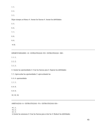 1. 1.

2. 2.

3. 3.

Dejar siempre en blanco 4. Anotar las fuerzas 4. Anotar las debilidades

5. 5.

6. 6.

7. 7.

8. 8.

9. 9.

• 10.

________________________________________________________________________________________________

OPORTUNIDADES −O− ESTRATEGIAS−FO− ESTRATEGIAS −DO−

1. 1. 1.

2. 2. 2.

3. 3. 3.

4. Anotar las oportunidades 4. Usar las fuerzas para 4. Superar las debilidades

5. 5. Aprovechar las oportunidades 5. aprovechando las

6. 6. 6. oportunidades

7. 7. 7.

8. 8. 8.

9. 9. 9.

10. 10. 10.

________________________________________________________________________________________________

AMENAZAS−A− ESTRATEGIAS −FA− ESTRATEGIAS−DA−

• 1. 1.
• 2. 2.
• 3. 3.
• Anotar las amenazas 4. Usar las fuerzas para evitar las 4. Reducir las debilidades


                                                                                       43
 