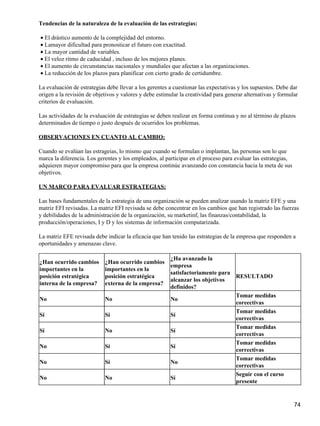Tendencias de la naturaleza de la evaluación de las estrategias:

• El drástico aumento de la complejidad del entorno.
• Lamayor dificultad para pronosticar el futuro con exactitud.
• La mayor cantidad de variables.
• El veloz ritmo de caducidad , incluso de los mejores planes.
• El aumento de circunstancias nacionales y mundiales que afectan a las organizaciones.
• La reducción de los plazos para planificar con cierto grado de certidumbre.

La evaluación de estrategias debe llevar a los gerentes a cuestionar las expectativas y los supuestos. Debe dar
origen a la revisión de objetivos y valores y debe estimular la creatividad para generar alternativas y formular
criterios de evaluación.

Las actividades de la evaluación de estrategias se deben realizar en forma continua y no al término de plazos
determinados de tiempo o justo después de ocurridos los problemas.

OBSERVACIONES EN CUANTO AL CAMBIO:

Cuando se evalúan las estrageias, lo mismo que cuando se formulan o implantan, las personas son lo que
marca la diferencia. Los gerentes y los empleados, al participar en el proceso para evaluar las estrategias,
adquieren mayor compromiso para que la empresa continúe avanzando con constancia hacia la meta de sus
objetivos.

UN MARCO PARA EVALUAR ESTRATEGIAS:

Las bases fundamentales de la estrategia de una organización se pueden analizar usando la matriz EFE y una
matriz EFI revisadas. La matriz EFI revisada se debe concentrar en los cambios que han registrado las fuerzas
y debilidades de la administración de la organización, su marketinf, las finanzas/contabilidad, la
producción/operaciones, I y D y los sistemas de información computarizada.

La matriz EFE revisada debe indicar la eficacia que han tenido las estrategias de la empresa que responden a
oportunidades y amenazas clave.

                                                        ¿Ha avanzado la
¿Han ocurrido cambios       ¿Han ocurrido cambios
                                                        empresa
importantes en la           importantes en la
                                                        satisfactoriamente para
posición estratégica        posición estratégica                                RESULTADO
                                                        alcanzar los objetivos
interna de la empresa?      externa de la empresa?
                                                        definidos?
                                                                                Tomar medidas
No                          No                          No
                                                                                coreectivas
                                                                                Tomar medidas
Sí                          Sí                          Sí
                                                                                correctivas
                                                                                Tomar medidas
Sí                          No                          Sí
                                                                                correctivas
                                                                                Tomar medidas
No                          Sí                          Sí
                                                                                correctivas
                                                                                Tomar medidas
No                          Sí                          No
                                                                                correctivas
                                                                                Seguir con el curso
No                          No                          Sí
                                                                                presente


                                                                                                               74
 