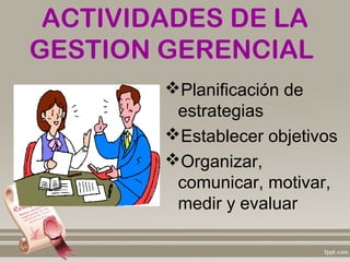 ACTIVIDADES DE LA
GESTION GERENCIAL
        Planificación de
         estrategias
        Establecer objetivos
        Organizar,
         comunicar, motivar,
         medir y evaluar
 