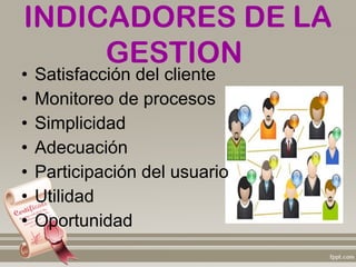 INDICADORES DE LA
     GESTION
•   Satisfacción del cliente
•   Monitoreo de procesos
•   Simplicidad
•   Adecuación
•   Participación del usuario
•   Utilidad
•   Oportunidad
 