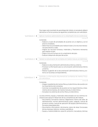 T É C N I C O E N A D M I N I S T R A C I Ó N
14
Para lograr este resultado de aprendizaje del módulo, el estudiante deberá
demostrar en forma sucesiva las siguientes competencias, por submódulo:
Aplicar el proceso administrativo en su desempeño técnico-profesional.
Contenido:
Elaborar un plan de actividades de acuerdo con un objetivo y con el•
entorno inmediato.
Determinar las actividades para realizar el plan y los recursos necesa-•
rios para llevarlo a cabo.
Asignar los recursos humanos, materiales y ﬁnancieros necesarios•
para realizar el plan.
Dirigir al recurso humano en el cumplimiento del plan.•
Evaluar el desarrollo del plan de acción.•
Generar la comunicación de la empresa de manera manual y/o electrónica.
Contenido:
Elaborar la documentación administrativa interna y externa.•
Procesar la información para la comunicación administrativa interna•
y externa.
Realizar la gestión de la documentación administrativa interna y ex-•
terna con las áreas correspondientes.
Controlar la información documental de la empresa de manera física
y/o electrónica
Contenido:
Integrar expedientes de manera física y/o electrónica, de acuerdo con•
los lineamientos de la empresa.
Controlar los expedientes de acuerdo con los requerimientos y linea-•
mientos de la empresa, de manera manual y/o electrónica.
Actualizar los sistemas de archivo físico y/o electrónico.•
Los documentos, equipo y materiales seleccionados son los mínimos ne-
cesarios para apoyar el desarrollo de las competencias del módulo:
Documentos normativos internos: Reglamento interno del taller de•
administración, normas administrativas, guías, subguías, manual de
primeros auxilios, manual de operación de equipos administrativos y
formatos preestablecidos.
Documentos informativos: diccionarios, plano de áreas funcionales•
de las empresas, bitácora, revistas y periódicos.
Equipo y material didáctico: pizarrón, pintarrón, marcadores, láminas•
Submódulo 2
Submódulo 1
Submódulo 3
128 horas
64 horas
80 horas
 