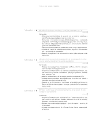T É C N I C O E N A D M I N I S T R A C I Ó N
18
Atender al cliente en su entorno social, de manera presencial
Contenido:
Interactuar con individuos, de acuerdo con su entorno social, para•	
identificar su capacidad potencial como clientes.
Comunicar e interpretar mensajes del cliente potencial a través de la•	
empatía, la asertividad y modelos de lenguaje verbal, corporal y visual.
Caracterizar el tipo de cliente potencial para personalizar la atención•	
y servicio que se ofrecerán.
Detectar las necesidades del cliente, de acuerdo con sus requerimientos.•	
Atender al cliente de manera personalizada, según sus requerimien-•	
tos y las políticas de la empresa.
Realizar el seguimiento de la atención al cliente, para asegurar su sa-•	
tisfacción.
Atender al cliente mediante la aplicación de tecnologías de la infor-
mación y comunicación en las ventas a distancia
Contenido:
Realizar llamadas y enviar mensajes por teléfono, Internet o fax, para•	
contactar con clientes potenciales.
Proporcionar información a los clientes acerca de los productos, bie-•	
nes o servicios, y atender comentarios, quejas y sugerencias, por telé-
fono, Internet o fax.
Realizar el seguimiento de las ventas por teléfono, Internet o fax.•	
Atender inconformidades del cliente sobre los productos, bienes o•	
servicios, por teléfono, Internet o fax.
Realizar el servicio posventa: monitorear la recepción del producto,•	
bien o servicio, enviar mensajes y recordar a los clientes los pagos que
deben hacer.
Difundir los bienes y servicios de la empresa, en procesos de con-
solidación o crecimiento
Contenido:
Proporcionar información al cliente actual o potencial sobre los bie-•	
nes y servicios que ofrece la empresa, mediante el uso de las tecnolo-
gías de la información y comunicación.
Manejar instrumentos de promoción y venta de bienes y servicios de•	
la empresa.
Atender los requerimientos de información del cliente, para mejorar•	
el servicio.
Submódulo 1
Submódulo 2
Submódulo 3
96 horas
96 horas
80 horas
 