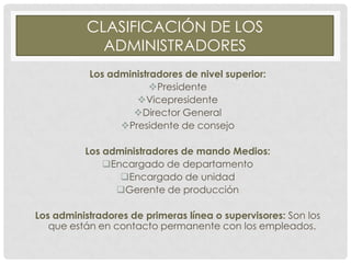 CLASIFICACIÓN DE LOS
ADMINISTRADORES
Los administradores de nivel superior:
Presidente
Vicepresidente
Director General
Presidente de consejo

Los administradores de mando Medios:
Encargado de departamento
Encargado de unidad
Gerente de producción
Los administradores de primeras línea o supervisores: Son los
que están en contacto permanente con los empleados.

 
