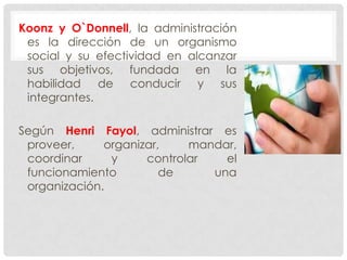 Koonz y O`Donnell, la administración
es la dirección de un organismo
social y su efectividad en alcanzar
sus objetivos, fundada en la
habilidad de conducir y sus
integrantes.
Según Henri Fayol, administrar es
proveer,
organizar,
mandar,
coordinar
y
controlar
el
funcionamiento
de
una
organización.

 