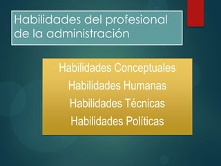 Habilidades del profesional
de la administración

Habilidades Conceptuales
Habilidades Humanas
Habilidades Técnicas
Habilidades Políticas

 