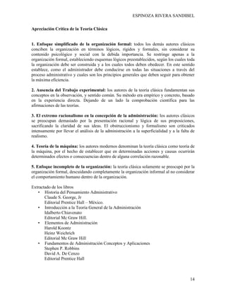ESPINOZA RIVERA SANDIBEL
14
Apreciación Crítica de la Teoría Clásica
1. Enfoque simplificado de la organización formal: todos los demás autores clásicos
conciben la organización en términos lógicos, rígidos y formales, sin considerar su
contenido psicológico y social con la debida importancia. Se restringe apenas a la
organización formal, estableciendo esquemas lógicos preestablecidos, según los cuales toda
la organización debe ser construida y a los cuales todos deben obedecer. En este sentido
establece, como el administrador debe conducirse en todas las situaciones a través del
proceso administrativo y cuales son los principios generales que deben seguir para obtener
la máxima eficiencia.
2. Ausencia del Trabajo experimental: los autores de la teoría clásica fundamentan sus
conceptos en la observación, y sentido común. Su método era empírico y concreto, basado
en la experiencia directa. Dejando de un lado la comprobación científica para las
afirmaciones de las teorías.
3. El extremo racionalismo en la concepción de la administración: los autores clásicos
se preocupan demasiado por la presentación racional y lógica de sus proposiciones,
sacrificando la claridad de sus ideas. El obstruccionismo y formalismo son criticados
intensamente por llevar el análisis de la administración a la superficialidad y a la falta de
realismo.
4. Teoría de la máquina: los autores modernos denominan la teoría clásica como teoría de
la máquina, por el hecho de establecer que en determinadas acciones y causas ocurrirán
determinados efectos o consecuencias dentro de alguna correlación razonable.
5. Enfoque incompleto de la organización: la teoría clásica solamente se preocupó por la
organización formal, descuidando completamente la organización informal al no considerar
el comportamiento humano dentro de la organización.
Extractado de los libros
• Historia del Pensamiento Administrativo
Claude S. George, Jr
Editorial Prentice Hall – México.
• Introducción a la Teoría General de la Administración
Idalberto Chiavenato
Editorial Mc Graw Hill.
• Elementos de Administración
Harold Koontz
Heinz Weichrich
Editorial Mc Graw Hill
• Fundamentos de Administración Conceptos y Aplicaciones
Stephen P. Robbins
David A. De Cenzo
Editorial Prentice Hall
 