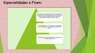 Especialidades a Fines:
El Licenciado en Administración, es el profesional
capacitado a nivel académico para la alta dirección,
gerencia general y gerencia administrativa de
empresas del ámbito privado o público.
a) comercialización, en los aspectos relacionados
con los productos y sus mercados, publicidad y
precios;
b) Producción, en las decisiones que afecten a los
procesos productivos;
 