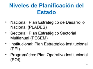 Niveles de Planificación del
Estado
• Nacional: Plan Estratégico de Desarrollo
Nacional (PLADES)
• Sectorial: Plan Estratégico Sectorial
Multianual (PESEM)
• Institucional: Plan Estratégico Institucional
(PEI)
• Programático: Plan Operativo Institucional
(POI)
18
 