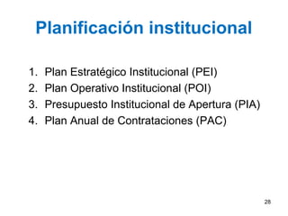 Planificación institucional
1. Plan Estratégico Institucional (PEI)
2. Plan Operativo Institucional (POI)
3. Presupuesto Institucional de Apertura (PIA)
4. Plan Anual de Contrataciones (PAC)
28
 