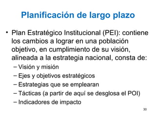 Planificación de largo plazo
• Plan Estratégico Institucional (PEI): contiene
los cambios a lograr en una población
objetivo, en cumplimiento de su visión,
alineada a la estrategia nacional, consta de:
– Visión y misión
– Ejes y objetivos estratégicos
– Estrategias que se emplearan
– Tácticas (a partir de aquí se desglosa el POI)
– Indicadores de impacto
30
 
