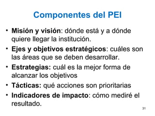 Componentes del PEI
• Misión y visión: dónde está y a dónde
quiere llegar la institución.
• Ejes y objetivos estratégicos: cuáles son
las áreas que se deben desarrollar.
• Estrategias: cuál es la mejor forma de
alcanzar los objetivos
• Tácticas: qué acciones son prioritarias
• Indicadores de impacto: cómo mediré el
resultado.
31
 