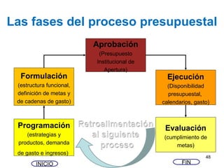 Las fases del proceso presupuestal
Formulación
(estructura funcional,
definición de metas y
de cadenas de gasto)
Aprobación
(Presupuesto
Institucional de
Apertura)
Ejecución
(Disponibilidad
presupuestal,
calendarios, gasto)
Evaluación
(cumplimiento de
metas)
Programación
(estrategias y
productos, demanda
de gasto e ingresos)
INICIO FIN
48
 