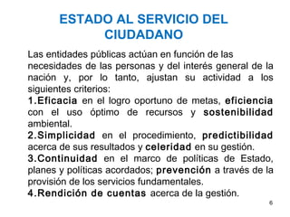 Las entidades públicas actúan en función de las
necesidades de las personas y del interés general de la
nación y, por lo tanto, ajustan su actividad a los
siguientes criterios:
1.Eficacia en el logro oportuno de metas, eficiencia
con el uso óptimo de recursos y sostenibilidad
ambiental.
2.Simplicidad en el procedimiento, predictibilidad
acerca de sus resultados y celeridad en su gestión.
3.Continuidad en el marco de políticas de Estado,
planes y políticas acordados; prevención a través de la
provisión de los servicios fundamentales.
4.Rendición de cuentas acerca de la gestión.
ESTADO AL SERVICIO DEL
CIUDADANO
6
 