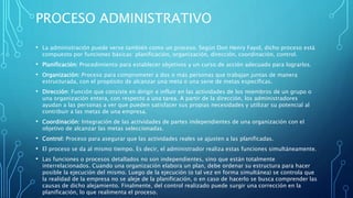 PROCESO ADMINISTRATIVO
• La administración puede verse también como un proceso. Según Don Henry Fayol, dicho proceso está
compuesto por funciones básicas: planificación, organización, dirección, coordinación, control.
• Planificación: Procedimiento para establecer objetivos y un curso de acción adecuado para lograrlos.
• Organización: Proceso para comprometer a dos o más personas que trabajan juntas de manera
estructurada, con el propósito de alcanzar una meta o una serie de metas específicas.
• Dirección: Función que consiste en dirigir e influir en las actividades de los miembros de un grupo o
una organización entera, con respecto a una tarea. A partir de la dirección, los administradores
ayudan a las personas a ver que pueden satisfacer sus propias necesidades y utilizar su potencial al
contribuir a las metas de una empresa.
• Coordinación: Integración de las actividades de partes independientes de una organización con el
objetivo de alcanzar las metas seleccionadas.
• Control: Proceso para asegurar que las actividades reales se ajusten a las planificadas.
• El proceso se da al mismo tiempo. Es decir, el administrador realiza estas funciones simultáneamente.
• Las funciones o procesos detallados no son independientes, sino que están totalmente
interrelacionados. Cuando una organización elabora un plan, debe ordenar su estructura para hacer
posible la ejecución del mismo. Luego de la ejecución (o tal vez en forma simultánea) se controla que
la realidad de la empresa no se aleje de la planificación, o en caso de hacerlo se busca comprender las
causas de dicho alejamiento. Finalmente, del control realizado puede surgir una corrección en la
planificación, lo que realimenta el proceso.
 