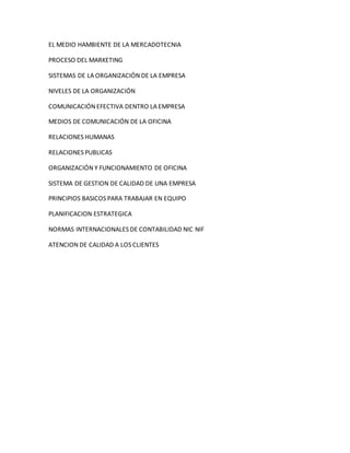 EL MEDIO HAMBIENTE DE LA MERCADOTECNIA
PROCESO DEL MARKETING
SISTEMAS DE LA ORGANIZACIÓN DE LA EMPRESA
NIVELES DE LA ORGANIZACIÓN
COMUNICACIÓN EFECTIVA DENTRO LA EMPRESA
MEDIOS DE COMUNICACIÓN DE LA OFICINA
RELACIONES HUMANAS
RELACIONES PUBLICAS
ORGANIZACIÓN Y FUNCIONAMIENTO DE OFICINA
SISTEMA DE GESTION DE CALIDAD DE UNA EMPRESA
PRINCIPIOS BASICOS PARA TRABAJAR EN EQUIPO
PLANIFICACION ESTRATEGICA
NORMAS INTERNACIONALES DE CONTABILIDAD NIC NIF
ATENCION DE CALIDAD A LOS CLIENTES
 