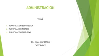 ADMINISTRACION
TEMAS:
1. PLANIFICACION ESTRATEGICA
2. PLANIFICACION TACTICA
3. PLANIFICACION OPERATIVA
DR. JUAN JOSE ZERON
CATEDRATICO
 