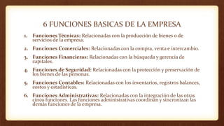 6 FUNCIONES BASICAS DE LA EMPRESA
1. Funciones Técnicas: Relacionadas con la producción de bienes o de
servicios de la empresa.
2. Funciones Comerciales: Relacionadas con la compra, venta e intercambio.
3. Funciones Financieras: Relacionadas con la búsqueda y gerencia de
capitales.
4. Funciones de Seguridad: Relacionadas con la protección y preservación de
los bienes de las personas.
5. Funciones Contables: Relacionadas con los inventarios, registros balances,
costos y estadísticas.
6. Funciones Administrativas: Relacionadas con la integración de las otras
cinco funciones. Las funciones administrativas coordinan y sincronizan las
demás funciones de la empresa.
 