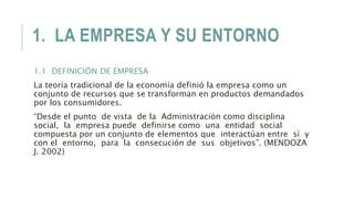 1. LA EMPRESA Y SU ENTORNO
1.1 DEFINICIÓN DE EMPRESA
La teoría tradicional de la economía definió la empresa como un
conjunto de recursos que se transforman en productos demandados
por los consumidores.
“Desde el punto de vista de la Administración como disciplina
social, la empresa puede definirse como una entidad social
compuesta por un conjunto de elementos que interactúan entre sí y
con el entorno, para la consecución de sus objetivos”. (MENDOZA
J. 2002)
 