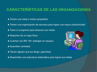 CARACTERÍSTICAS DE LAS ORGANIZACIONES
♣ Tienen una meta o misión (propósito)
♣ Tienen una organización de recursos para lograr una mayor productividad
♣ Tiene un programa para alcanzar sus metas
♣ Disponen de un lugar físico
♣ Cuentan con RR. HH. (trabajan en equipo)
♣ Suscriben contratos
♣ Tienen alguien que los dirige ( gerentes)
♣ Desarrollan una estructura sistemática para lograr sus metas
 
